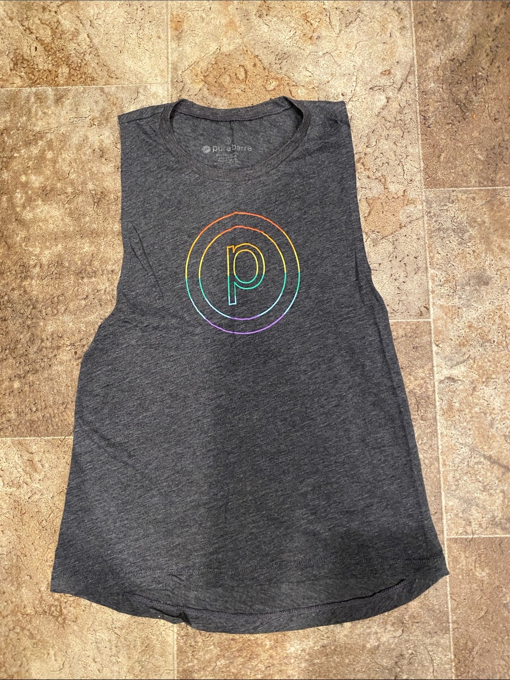 Pure Barre Charcoal Muscle Tee with Rainbow Logo, Small